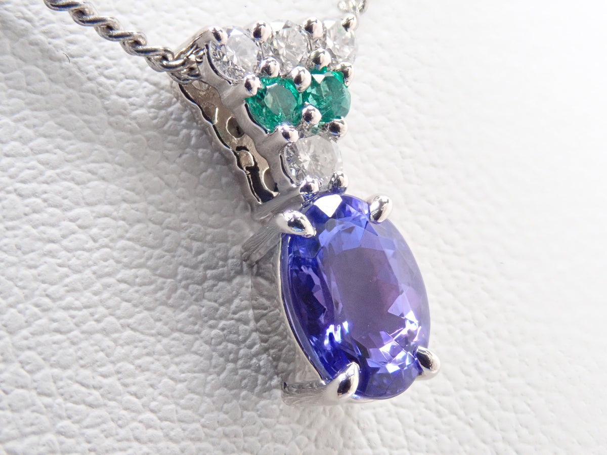 【9/18 22時販売】【カラフリ】Pt900 タンザナイト0.99ct・ダイヤモンド・エメラルド ペンダントトップ鑑別書