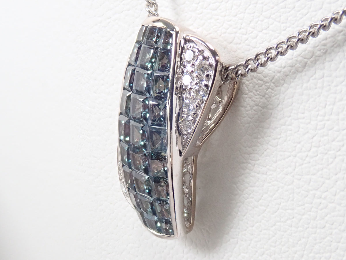 【9/28 22時販売】【カラフリ】K18WG クレサンベール 合成アレキサンドライト3ct プリンセスカット・ダイヤモンド0.12ct ペンダントトップ 鑑別書
