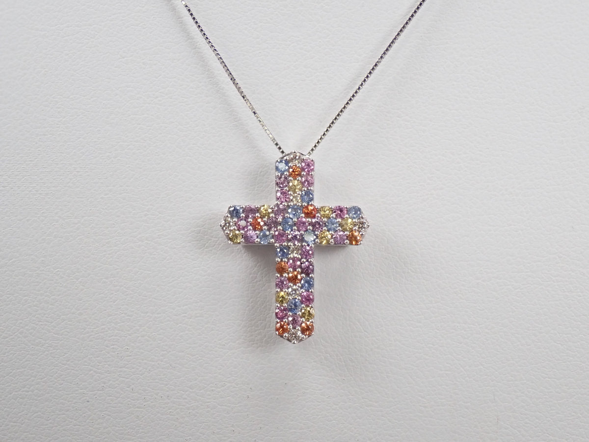 K18WG マルチカラーサファイア0.83ct・ダイヤモンド0.70ct 3WAYクロスペンダント（ネックレス）鑑別書