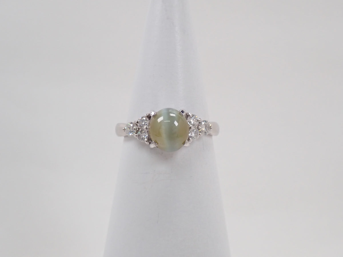 【10/19 22時販売】【カラフリ】Pt900 クリソベリルキャッツアイ 2.35ct ダイヤモンド0.31ctリング鑑別書