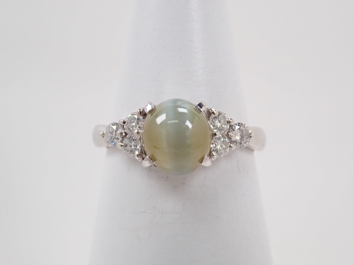 【10/19 22時販売】【カラフリ】Pt900 クリソベリルキャッツアイ 2.35ct ダイヤモンド0.31ctリング鑑別書