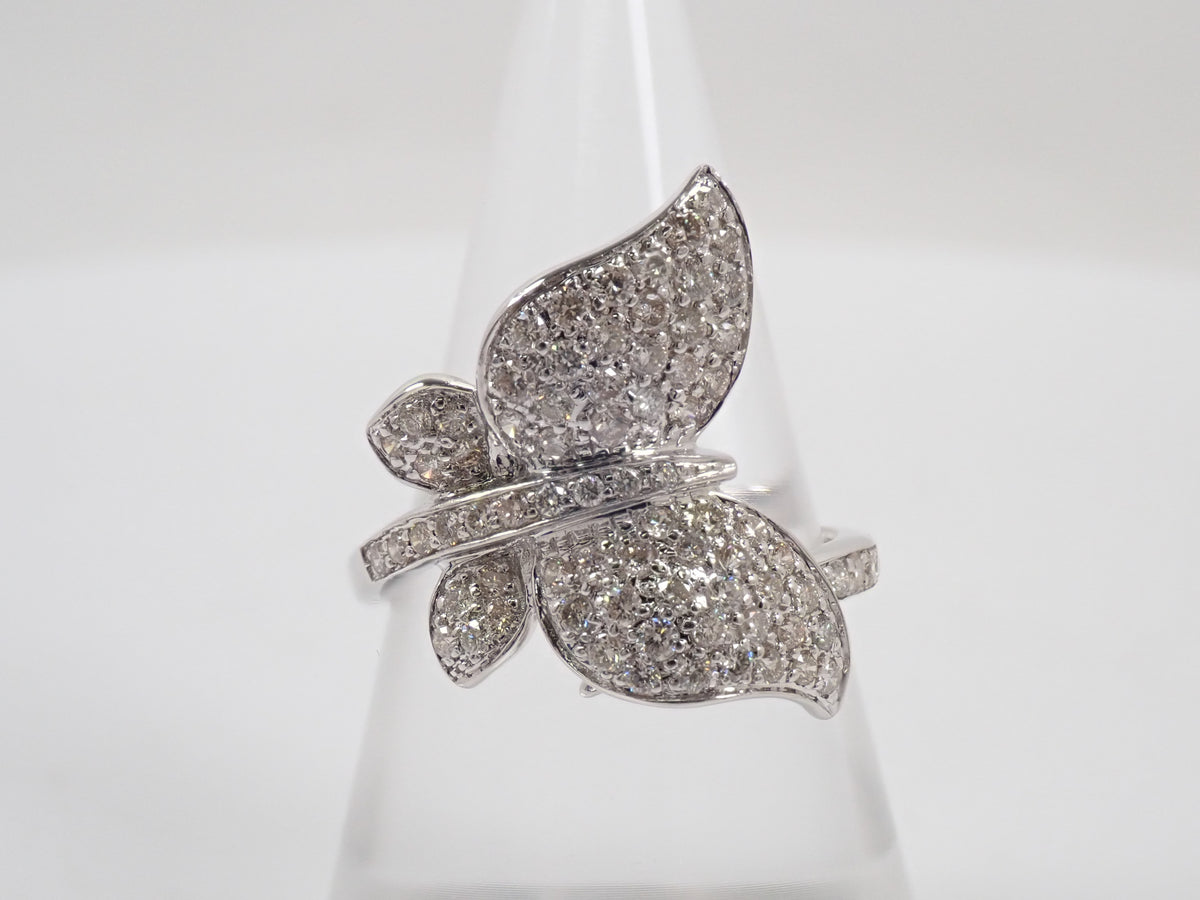 【10/26 22時販売】【カラフリ】K18WG ダイヤモンド 0.88ct 蝶モチーフ リング