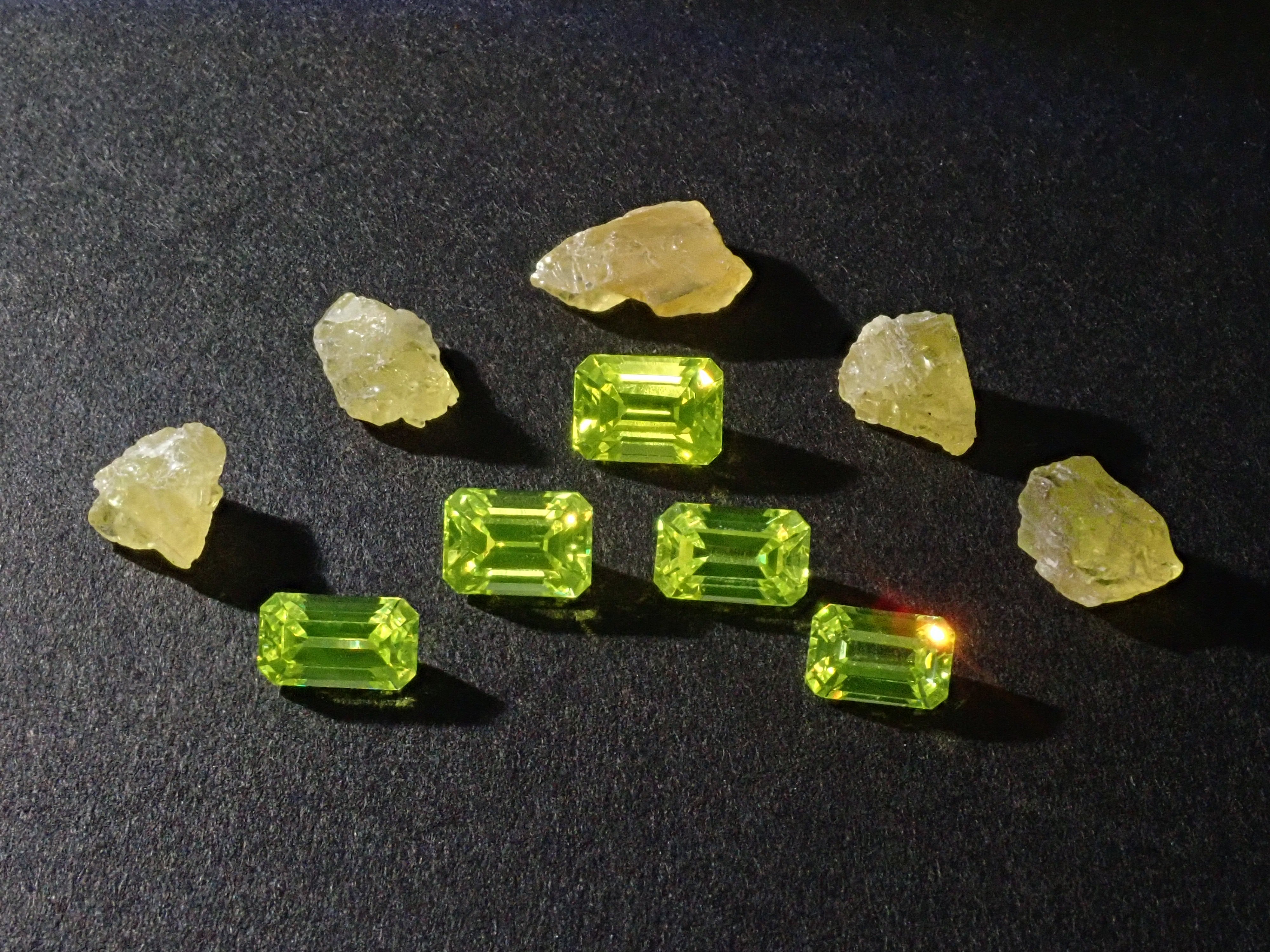 Set of 2 stones: 1 YAG (yttrium aluminum garnet) stone (canary yellow, emerald cut) + 1 yellow sapphire rough stone (discount available for multiple purchases)