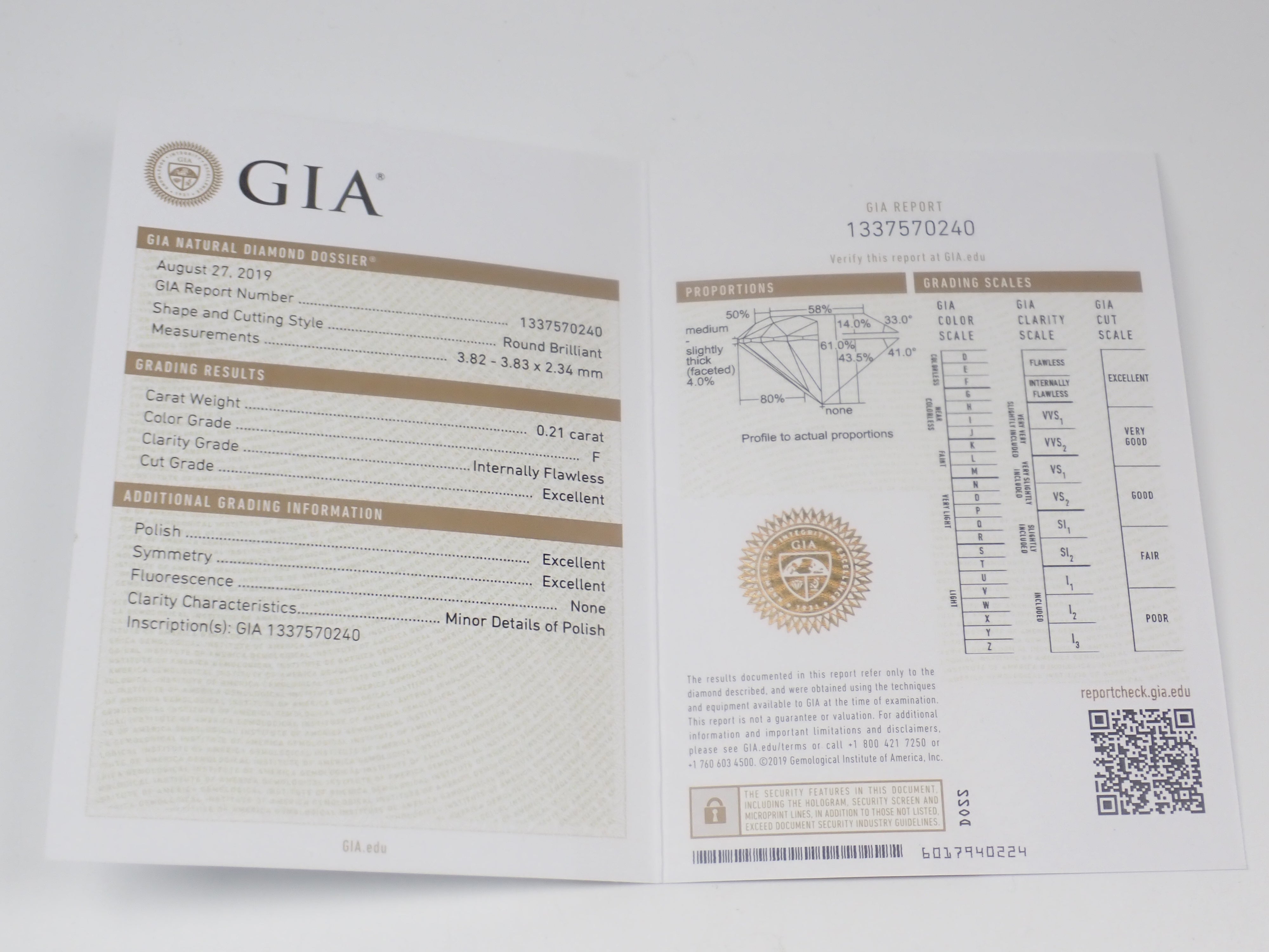 【抽選販売：10/31(金)10時am〆】インターナリーフローレスダイヤモンド（H&C） 3.8mm/0.210ctルース(F, IF, 3Excellent H&C) GIA&中宝