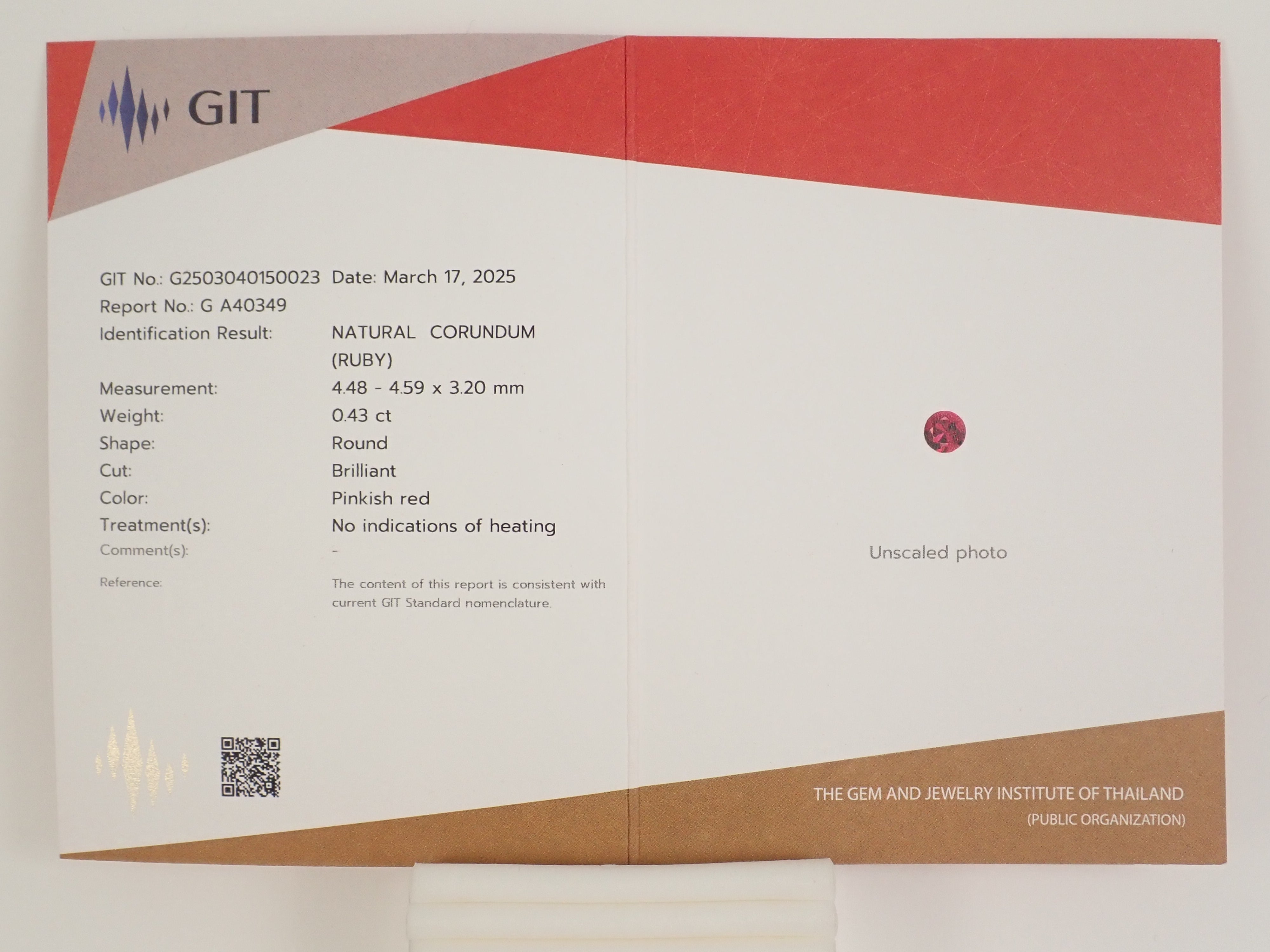 【11/3 22時販売】非加熱ルビー 4.5mm/0.430ctルース GIT