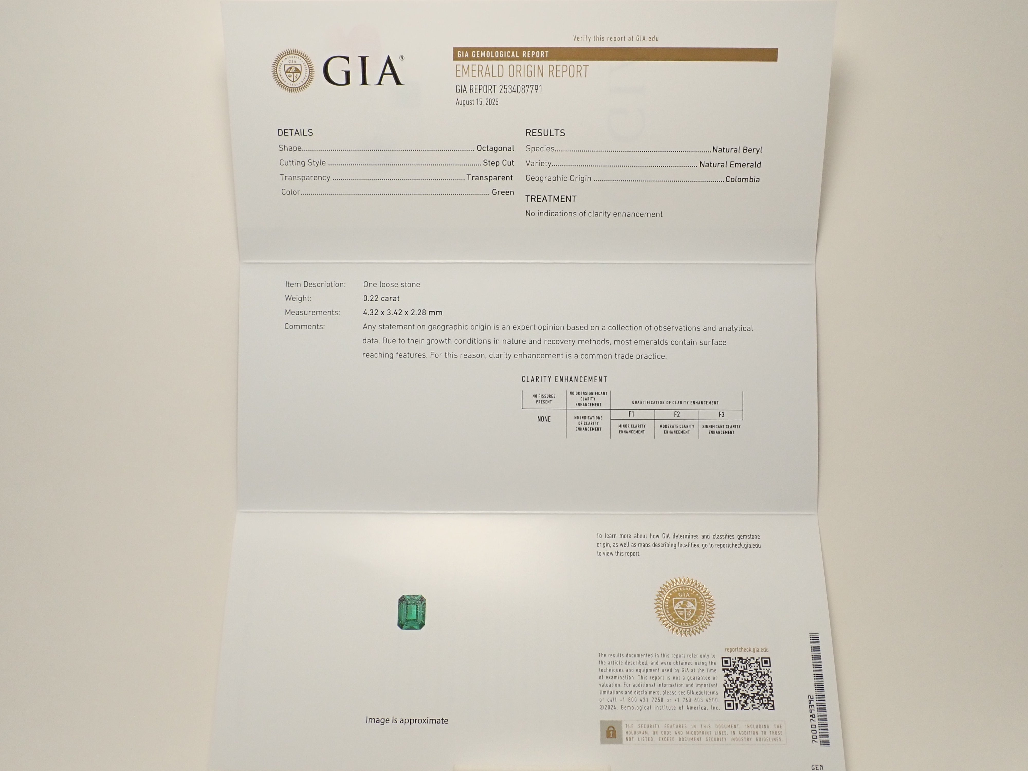 【11/23 22時販売】コロンビア産ノンオイルエメラルド 0.220ctルース GIA