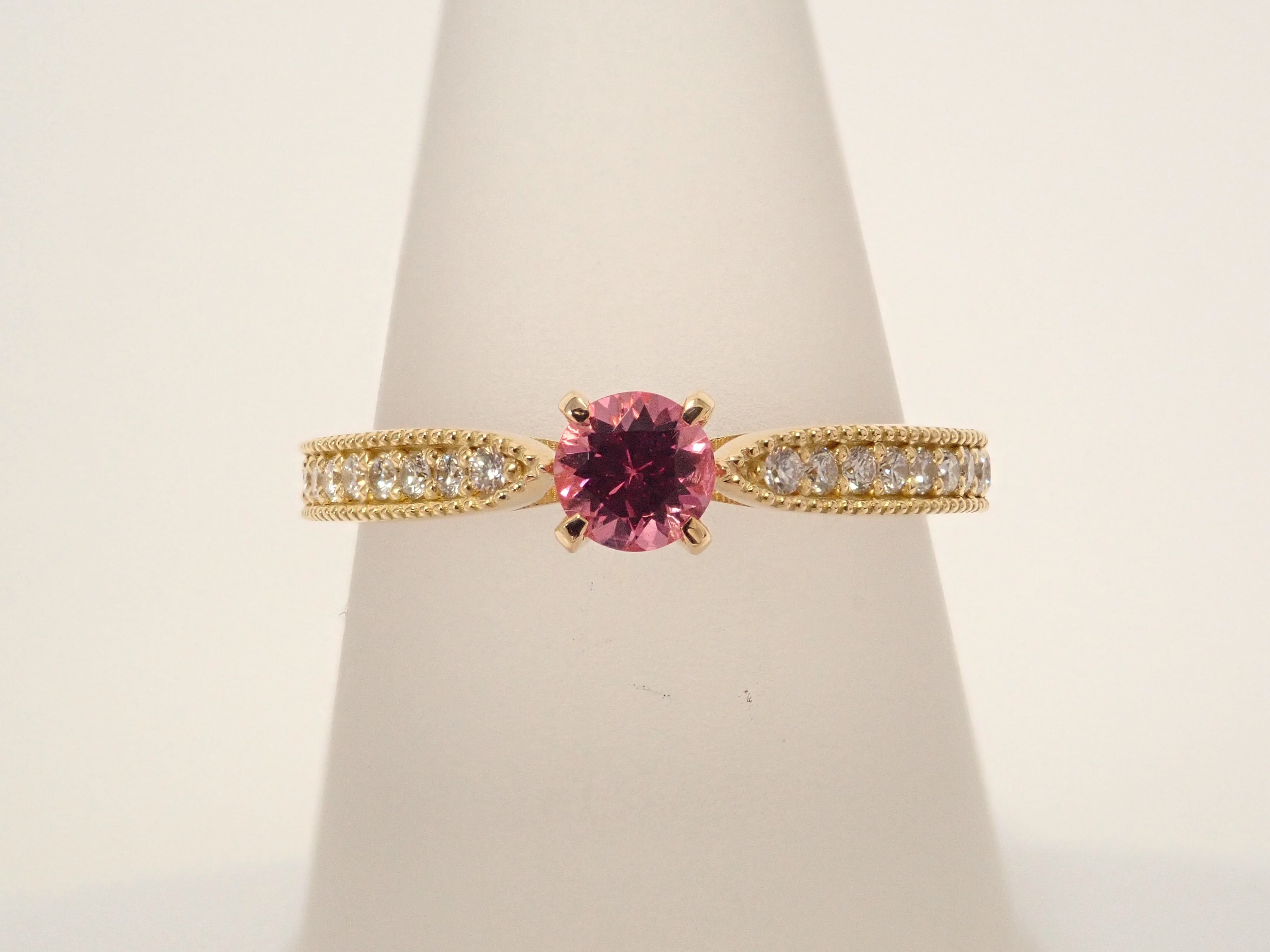 【抽選販売110903】K18YG ミャンマー産ピンクスピネル 3.9mm/0.276ct ・ホットピンクスピネルリング