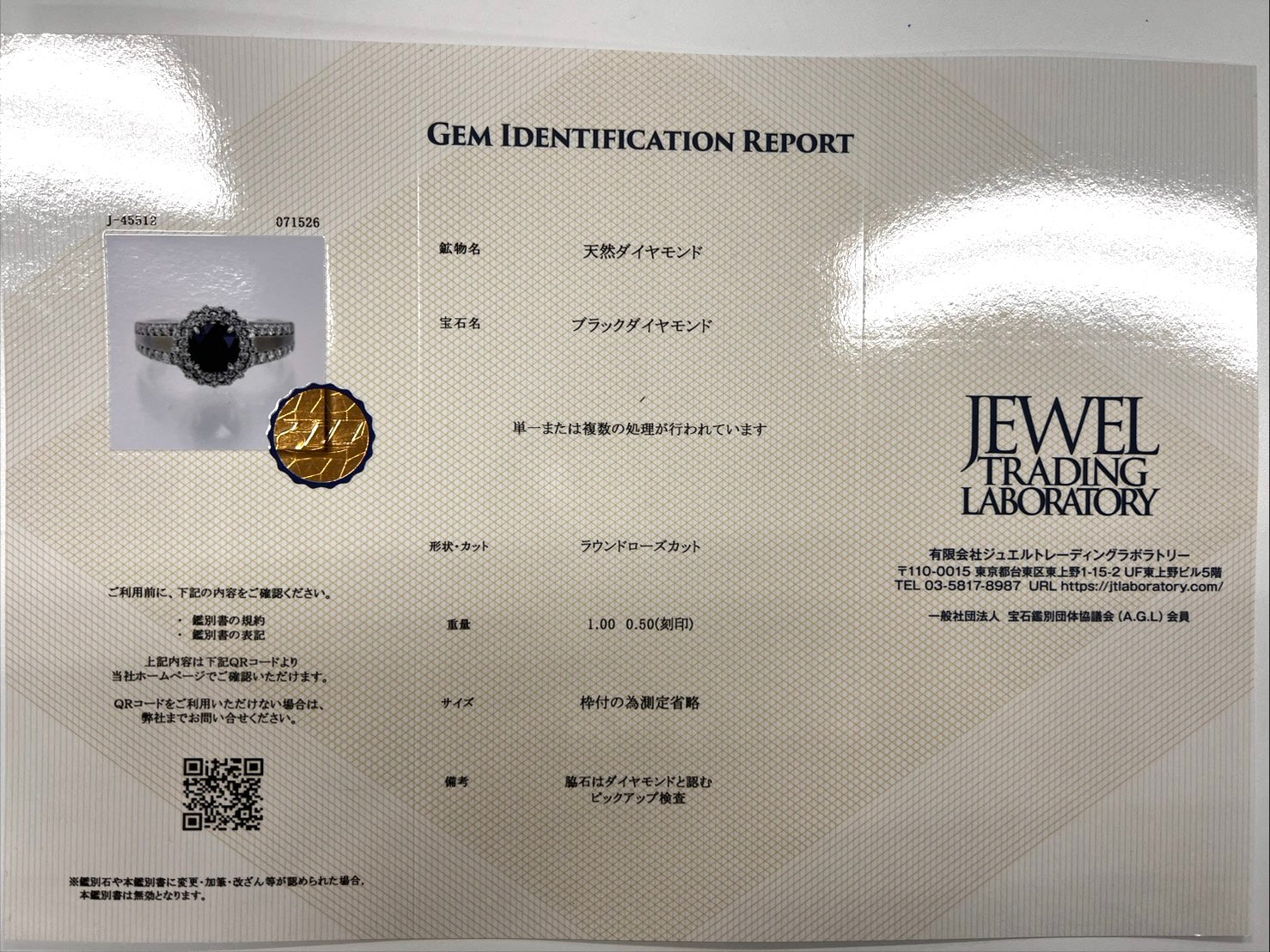 Pt900 ブラックダイヤモンド 1.00ct・ダイヤモンド0.50ctリング 鑑別書