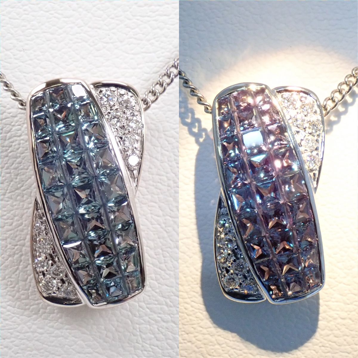 【9/28 22時販売】【カラフリ】K18WG クレサンベール 合成アレキサンドライト3ct プリンセスカット・ダイヤモンド0.12ct ペンダントトップ 鑑別書