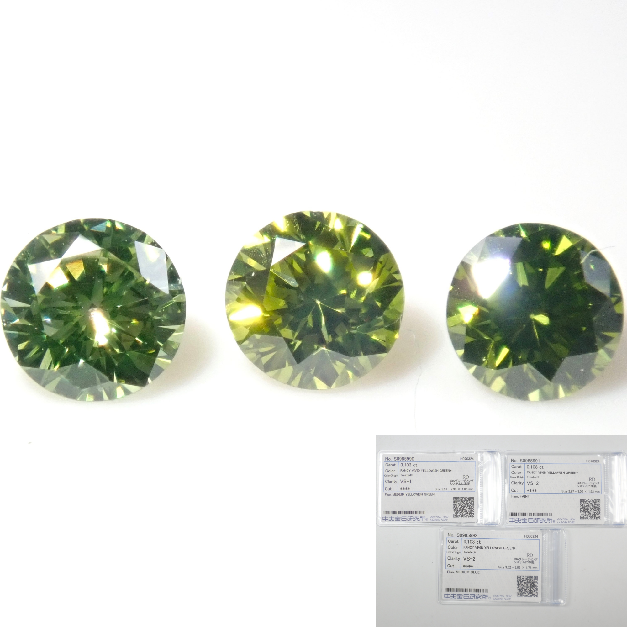 Limited to 3 stones: 1 peridot green diamond loose stone (treated, 3mm, VS class, Chuho sorting) Multiple purchase discounts available