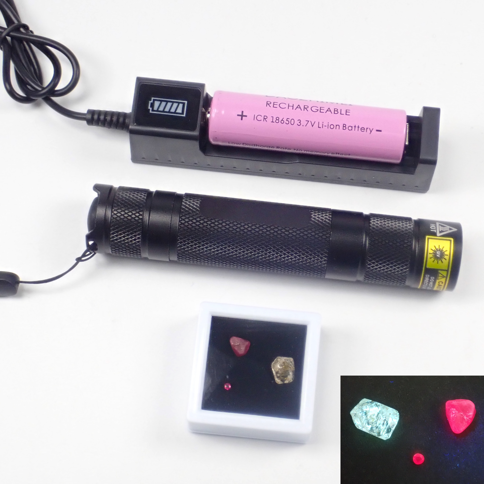 [Resale] [Jeweler's Tools] Black Light, 3 Loose Stones (Ruby, Red Spinel, Oil in Quartz) with Rechargeable Battery