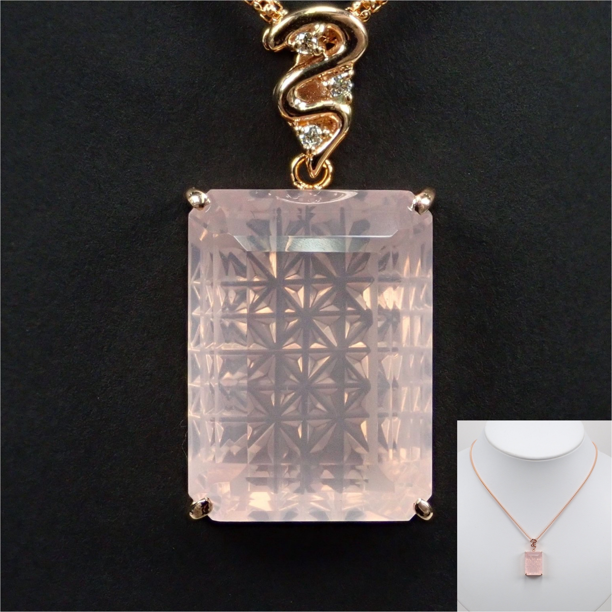 【9/7 22時販売】【甲州貴石切子】K18ローズクォーツ15.964ct ネックレス 日独鑑　