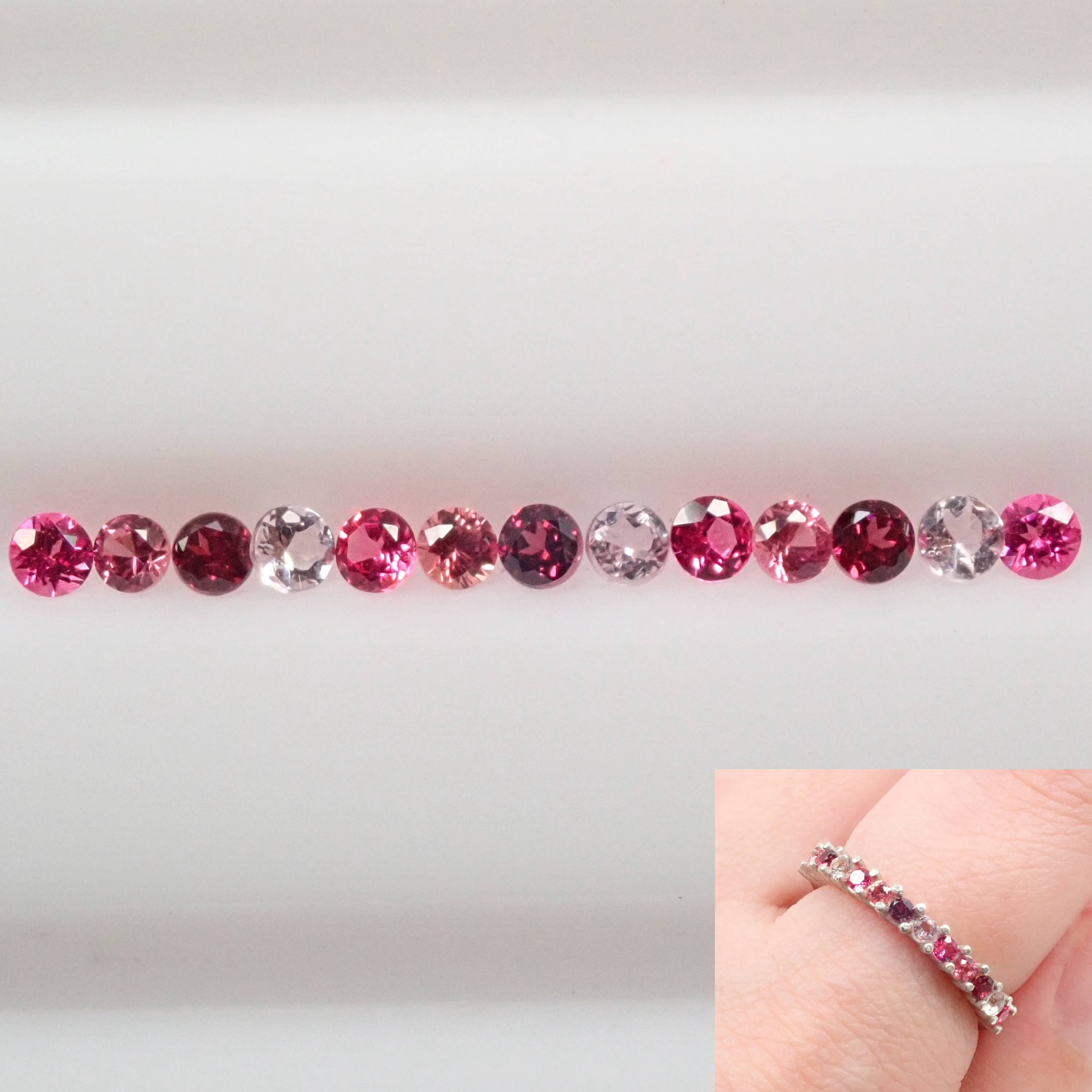 13 Autumn Gemstone Set (Hot Pink Spinel, Padparadscha Color Sapphire, Rhodolite Garnet, Rose Quartz) Half Eternity Ring Set (2.0mm)