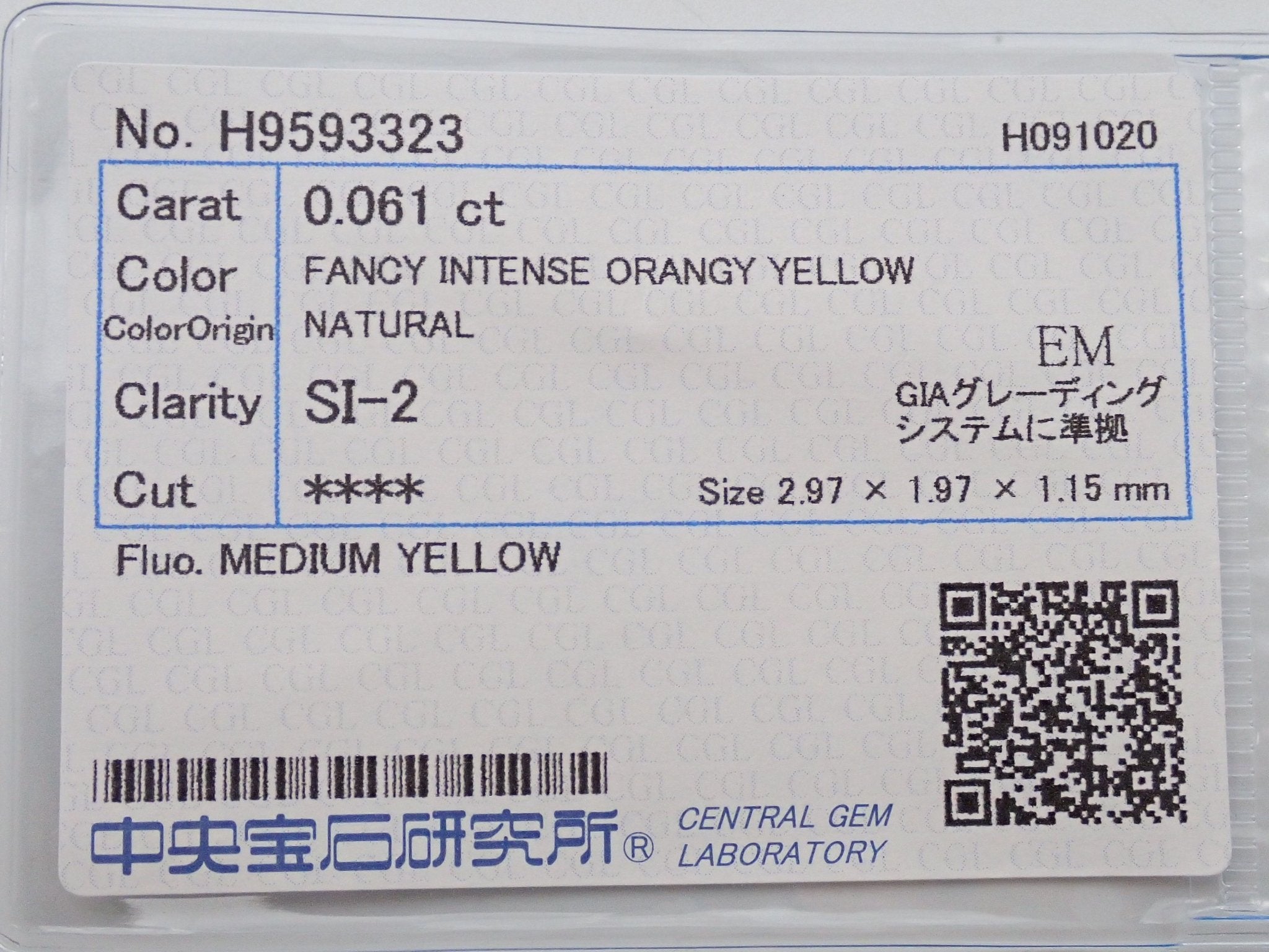 イエローダイヤモンド 0.061ctルース(FANCY INTENSE ORANGY YELLOW, SI2) - KARATZ STORE｜カラッツSTORE