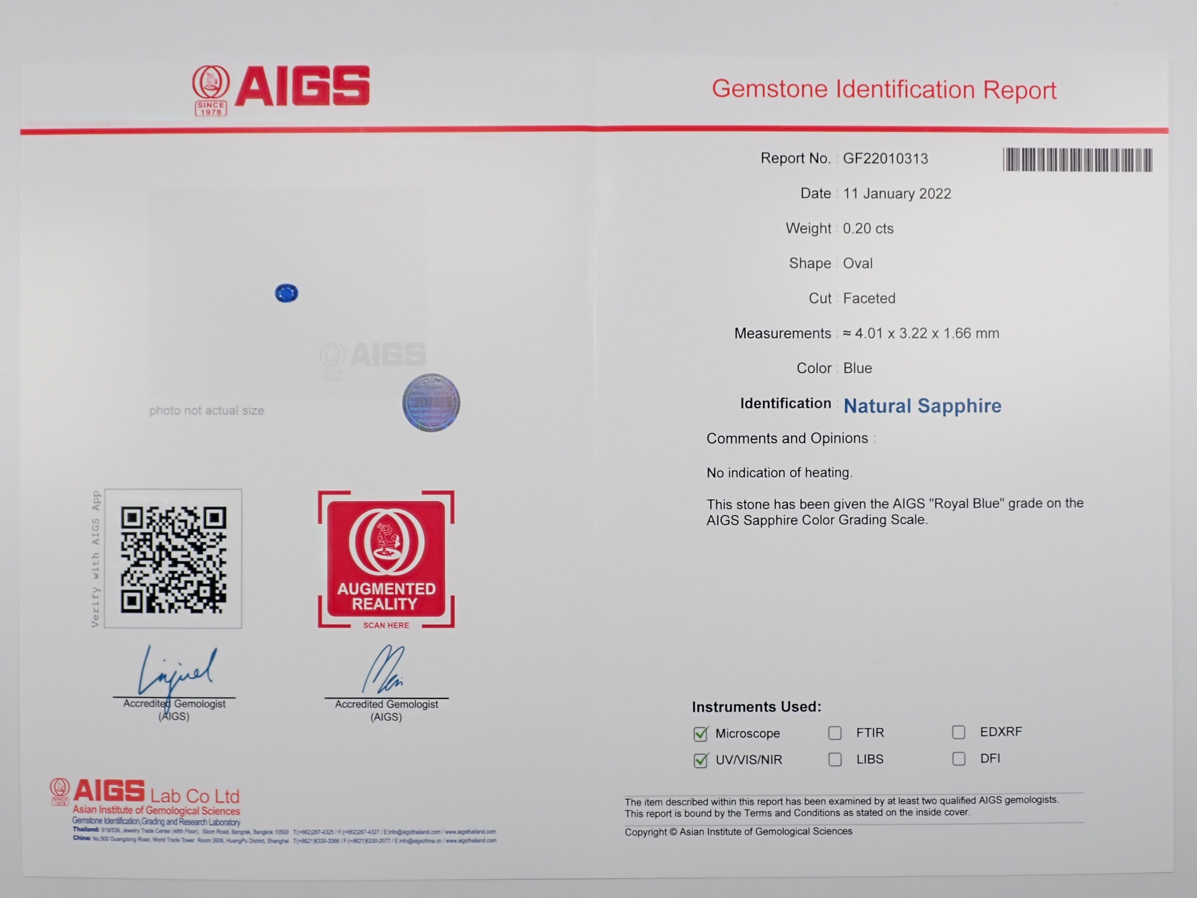 非加熱ロイヤルブルーサファイア 0.20ctルース AIGS付