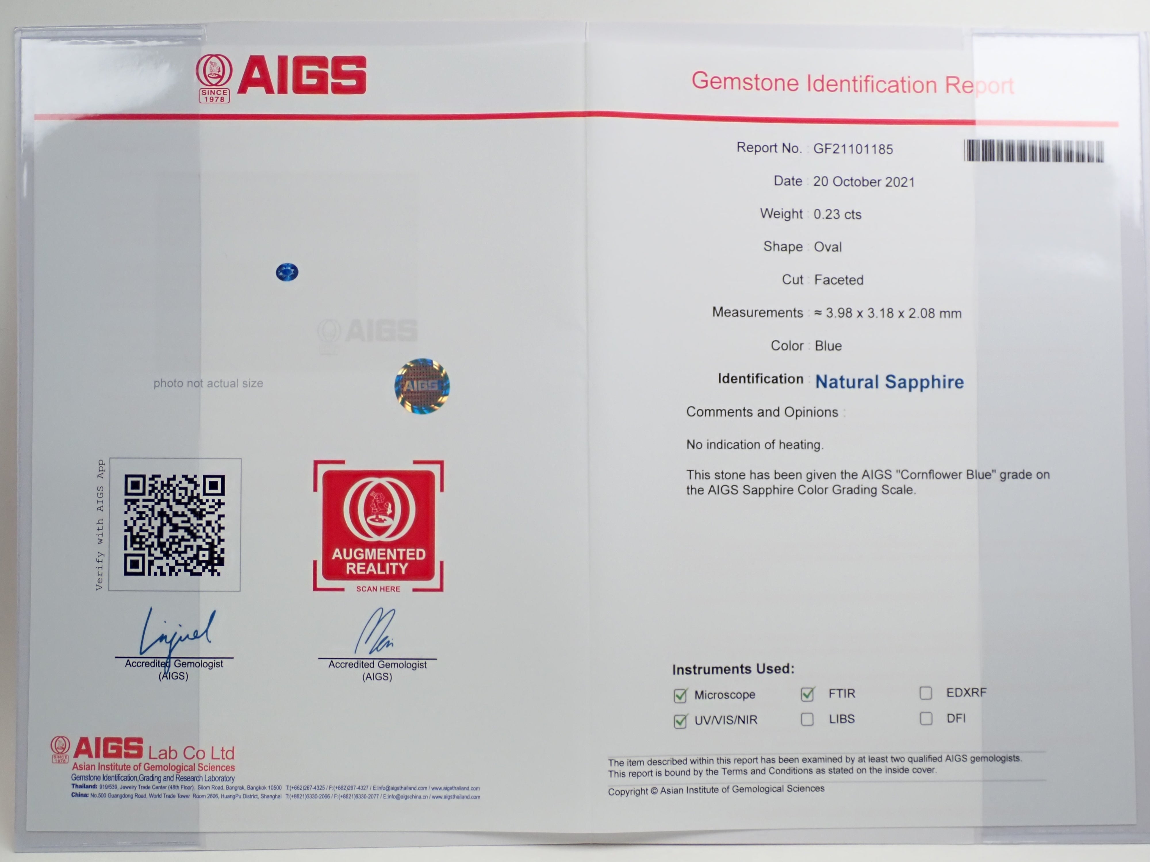 非加熱コーンフラワーブルーサファイア 0.230ctルース AIGS