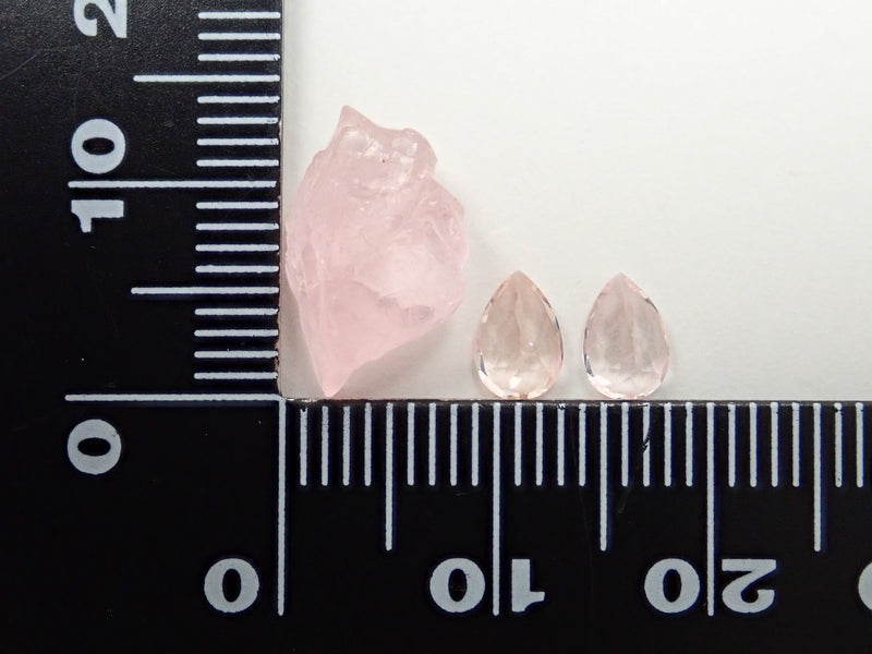 Morganite raw stone + 2 loose pieces (orange/pink, approx. 6 x 4 mm) 3-piece set《Multiple purchase discount available》