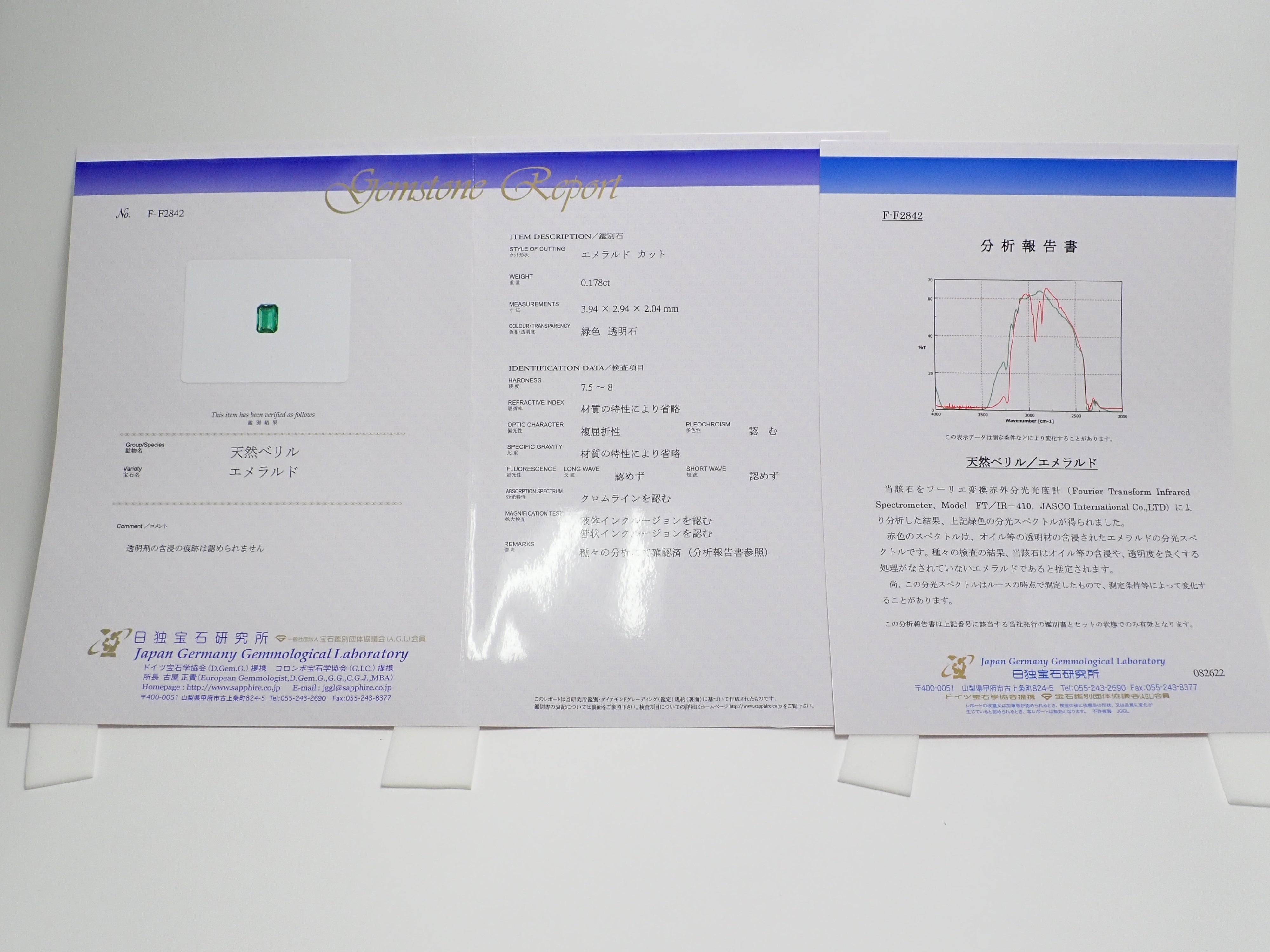 コロンビア産ノンオイルエメラルド 0.178ctルース 日独鑑