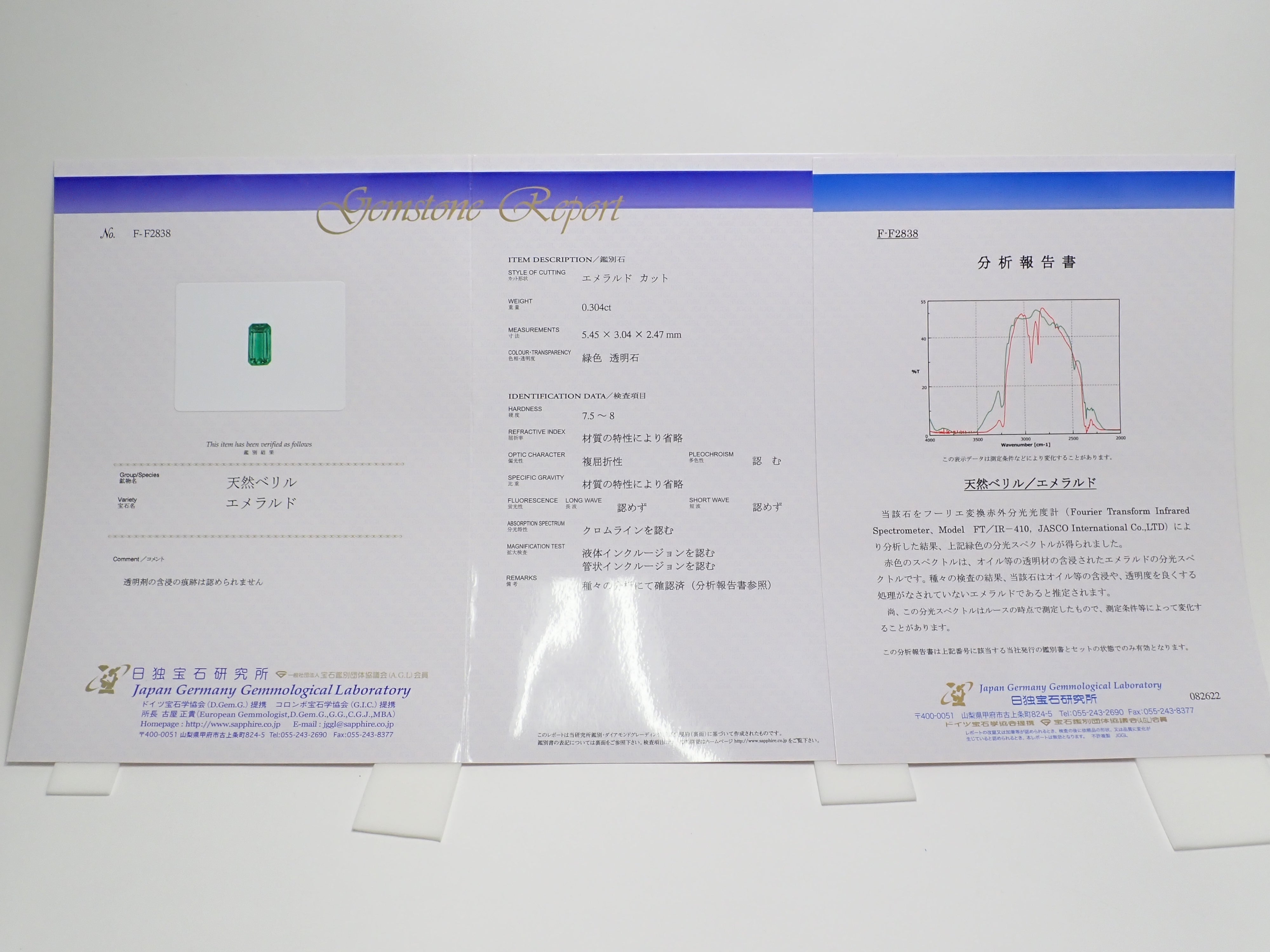 コロンビア産ノンオイルエメラルド 0.304ctルース 日独鑑