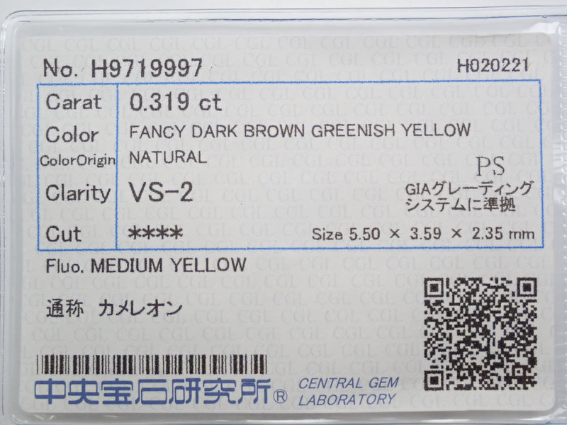 【31500821掲載】カメレオンダイヤモンド 0.319ctルース(FANCY DARK BROWN GREENISH YELLOW, VS2)