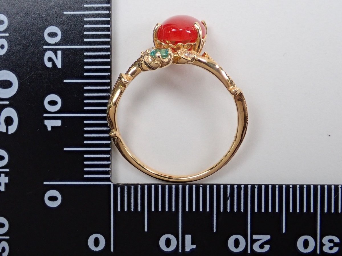 K18血赤珊瑚1.36ct・エメラルド・ダイヤモンドリング - カラッツSTORE